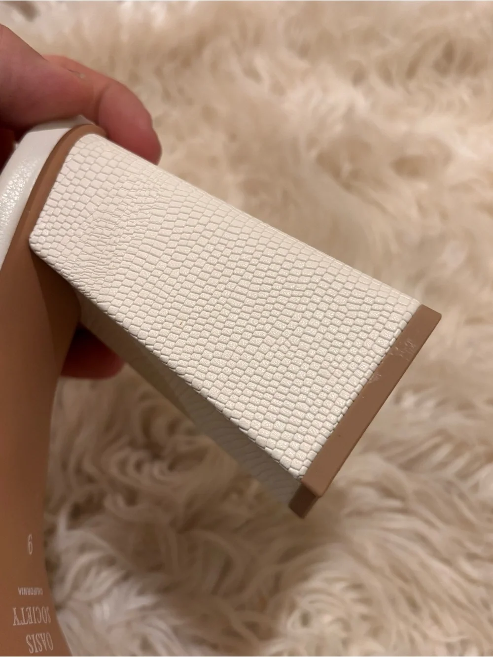 The Suva White Rhinestone and Reptile Print Strappy Block Heel by Oasis Society